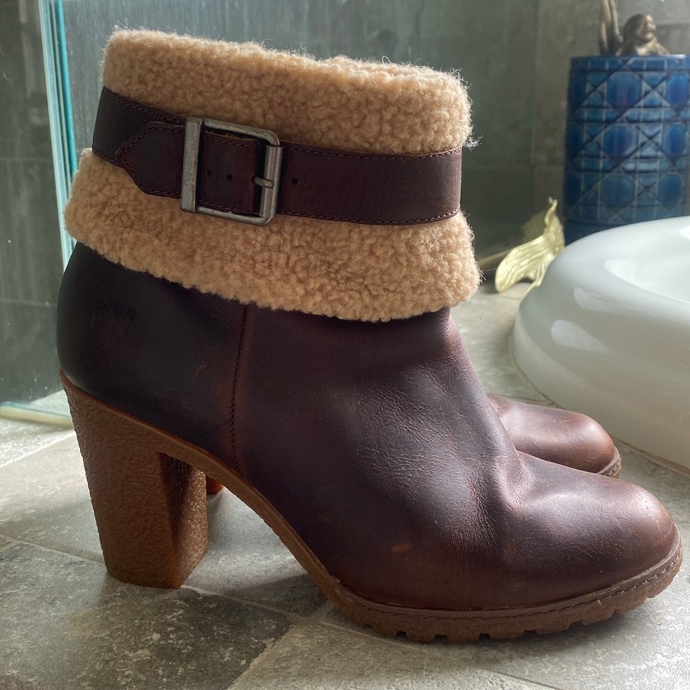 Timberland Glancy Teddy Fleece Lined Heeled Winter Ankle Boot Brown Women's